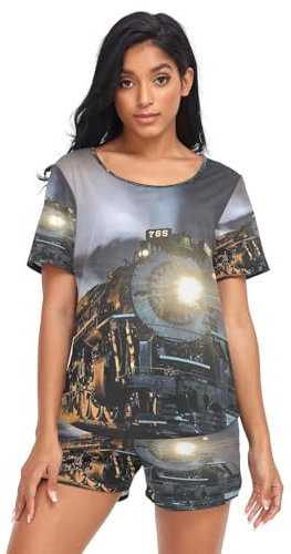HMZXZ Damen Schlafanzug-Set Retro Lokomotive Zug Sommer Pyjama Woman Set,Jahrgang Zug Loungewear und Shorts Lounge Set Sleepwear Nachtwäsche