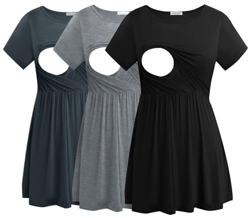 Smallshow Women's Maternity Nursing Tops Short Sleeve Breastfeeding Clothes 3 Pack,Black-Dark Grey-Light Grey,L