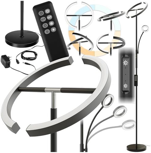 tectake® LED Deckenfluter, Stehlampe dimmbar, Bogenlampe, Stehlampe mit Leselicht, Fernbedienung, Ambient Light für Wohnzimmer, Schlafzimmer, am Bett als Leselampe oder Schreibtischlampe (schwarz)