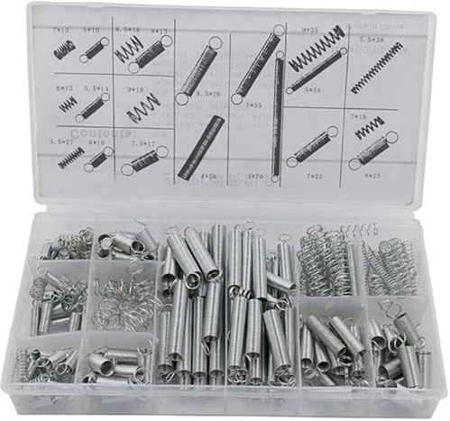 Spannfedern-Druckfedern, 200 Stück mit Aufbewahrungsbox, Zubehör, Verlängerung und Kompressionsspule, tragbares Hardware-Werkzeug-Set, Metall, Stahl, sortiert, fest