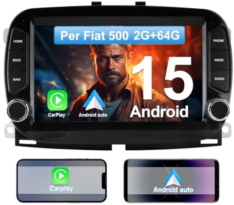 AWESAFE Android 15 Autoradio per 500/500C/500S/500E (2016-2019) | 7 Pollici Car Radio con CarPlay/Android Auto GPS Bluetooth WIFI FM RDS Comandi al Volante