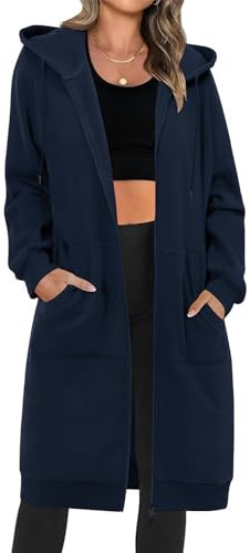 Tuopuda Mujer Largo Sudadera con Capucha Casual Sudadera Larga de Lana con Cremallera Chaqueta de Lana con Bolsillos para Primavera Otoño Invierno Hoodie Suéter(Marina,XXL)