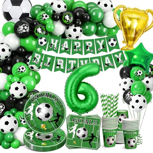 YEJIKJ Fussball Deko Geburtstag Kinder 6 Jahre, Fußball Luftballon 6. Geburtstag, Fußball Deko Partygeschirr Set, Fussball Geburtstagsdeko Jungen 6 Jahre für 16 Gäste