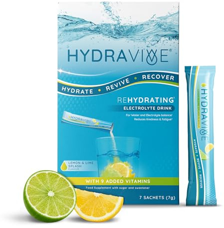 Hydravive® Rehydration Electrolytes Powder - 7 Pk Lemon/Lime - High Strength Vitamin C & 8 B Vitamins: B1, B3, B5, B12 Supplement Sachet Drink - Effervescent Electrolyte Hydration Tablets Alternative
