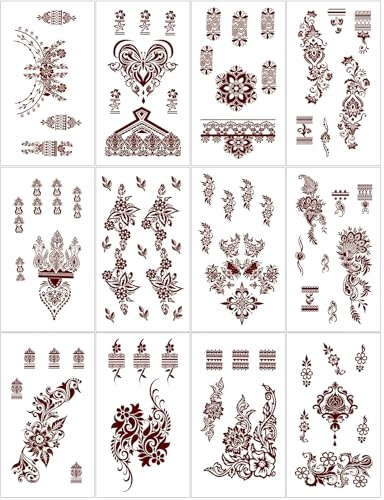 Henna Tattoo 12 Sheets Red Brown Henna Temporary Tattoos for Women and Teen Girl, Waterproof Realistic Mehndi Fake Tattoos for Wedding Beach Rave Festival Party Makeup Body Paint Parties Friends etc