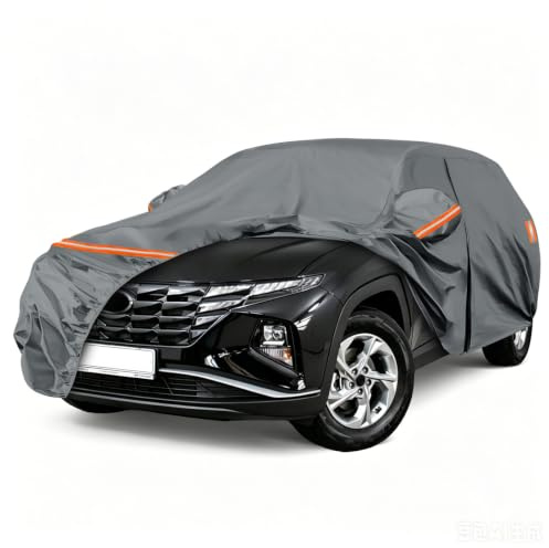 Autoabdeckung Wasserdicht für Hyundai Tucson IX35 2009-2025, Grau | Vollgarage Autoplane Auto Abdeckplane Winter Sommer Allwetter Outdoor Abdeckung mit Reißverschluss Tür, Windschutzbänder