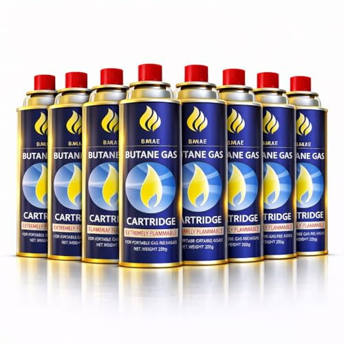 NFK Butane Gas Cartridge 227g for Portable Camping Stove, Cassette Gas Refill Canister, Outdoor Cooking Fuel for BBQ, Picnic, Hiking, Catering Use (8 Gas Canisters Only)