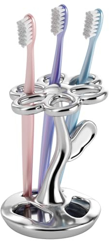 Zahnbürstenhalter & Tooth Brush Holders aus Keramik, Optimierte Große Öffnungen für andzahnbürsten & Malpinsel, Moderner Blumen-Organizer für Badezimmer & Spiegelschrank, Stabil, 6 Fächer(Silver)