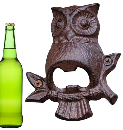 Décapsuleur monté – Design hibou en fonte, finition antique | 3,5 x 12,9 x 10,94 cm, style nautique en sable coulé de sable, fixation de montage robuste, amélioration du jardin, garage, cuisine