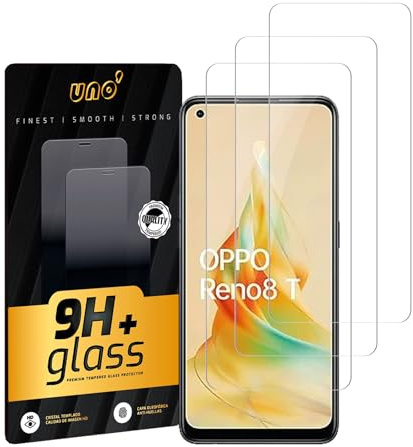 UNO' Confezione da 3 pellicole protettive per OPPO Reno 8T 4G / Reno 8 / Reno 8 Lite (6,43), set da 3 pezzi in vetro temperato, durezza 9H, resistente ai graffi, compatibile con