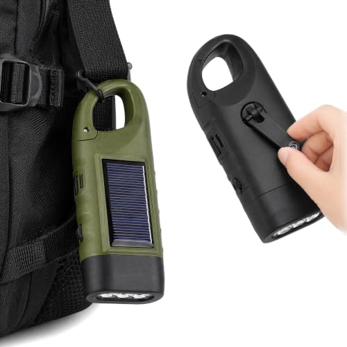 XWLEYW 2 PCS Wind Up Torch, Solar Torch Rechargeable, Hand Crank Super Bright Emergency Torches with Carabiner Hook, Portable Camping Torches for Hiking, Outdoor (Black, Green)