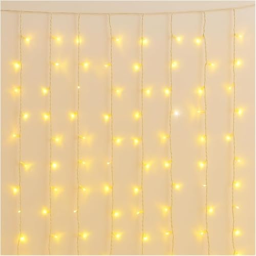 Elektronova Tenda Luminosa 200 LED, 3Mt, Luce Giallo, Cavo Bianco, IP65, Prolungabile, Effetto Flash, Con fili uniformi da 1 metro, ghirlanda nataliza, negozi, balcone natale