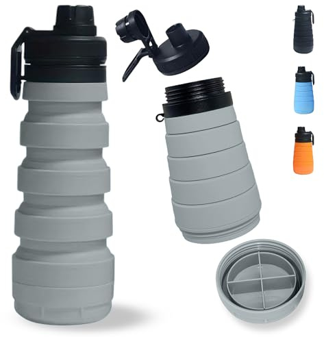 DARZWAY Botella Agua Plegable Silicona 750 ml – Cantimplora Reutilizable Flexible – Sin BPA – Con Compartimento Inferior – Ideal para Acampada, Viajes y Actividades al Aire Libre. (GRIS)