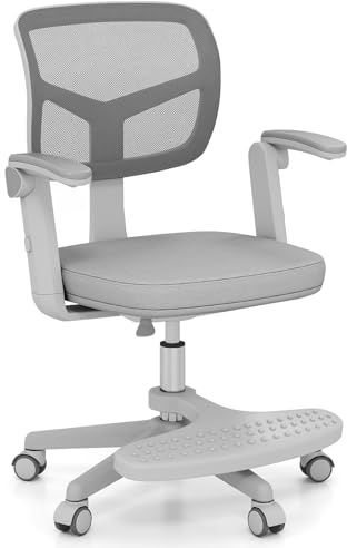 COSTWAY Kids Computer Desk Chair, Ergonomic Children Task Study Chairs with Lumbar Support, Adjustable and Swivel Mesh Chair for School Home Office (with Footrest, Grey, 57 x 55 x 80-91cm)