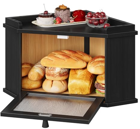 HOOBRO Bamboo Bread Box, Kitchen Countertop Corner Bread Box, Bread Bin with Rippled Acrylic Door, Bread Storage Container, Food Storage Box for Kitchen, Dining Room, Pantry, Black BK18MB01
