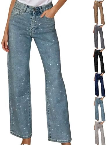 Glitzer Jeans Damen mit Strasssteinen Pailetten Hose Hoher Taille Geradem Bein Jeashose Y2K Rhinestone Glitzerhose Teenager Streetwear Frauen Karneval Festliche Kleider Silvester Party Club Outfit xxl