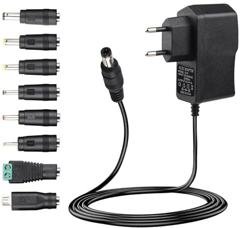 Alimentador 12V 1A, Adaptador de Fuente de Alimentación Universal 12W con 8 Enchufes DC Desmontables, Compatible con Electrónica y Dispositivos como LED, Router, CCTV, Radio, y Más - 1000mA Máx