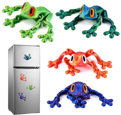 Mellisore 4Pcs 3D Printed Frog Fridge Magnets with Movable Joints, Realistic Jumping Frog Decor, Articulated Magnetic Toys for Kitchen, Office, Car