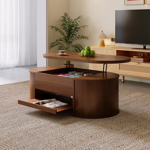 VIVCA Mesa de centro elevable, mesa de centro con lados curvos de madera, estante extensible, mesa elevable, mueble de salón multifuncional.