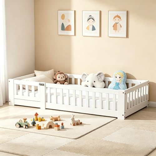 Cama infantil cama de suelo 90x190 cm, cama infantil Montessori con protección contra caídas y somier, cuna juvenil, cama individual para niños y niñas de madera maciza de pino, sin colchón(Blanco A)