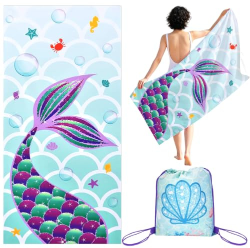Serviette de Plage Enfant Sirène 75x150 cm Microfibre Séchage Rapide