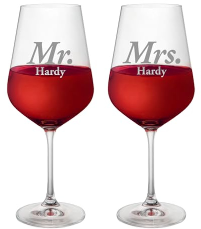 AMAVEL - Set de 2 verres à vin rouge avec gravure personnalisée du [NOM] - Motif Mr. and Mrs. - Cadeau d'anniversaire de couple - Idée cadeau pour la Saint Valentin - Cadeau de mariage romantique