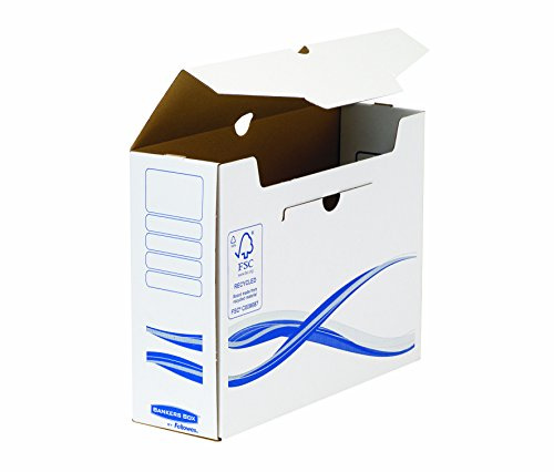 Bankers Box A4/A4+ Archivschachtel 10cm Rückenbreite, aus recyceltem Karton, 100% recycelbar, Farbe: weiß/blau, 10 Stück
