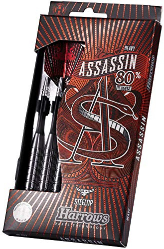 Harrows Assassin Tungsten Pro Darts | Steel Darts Set mit Tragekoffer | 18-40 g, alle Gewichte | Inklusive Alamo Shafts, 100-Micron Prime Flights und Reisekoffer (28g)