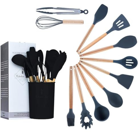 Kitchen Utensil Set, 12 PCS Silicone Cooking Utensils Set with Wooden Handle, Heat Resistant, Nonstick Cookware Tongs Spatula Spoon Set, Dishwasher Safe, Best Kitchen Tools (Black)