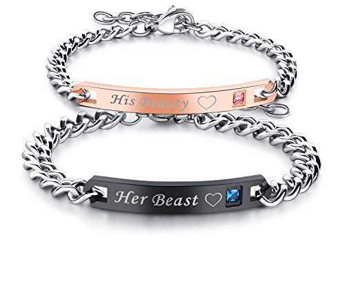 JewelryWe Pärchen Armband Edelstahl Panzerkette: 2pcs Herren Damen Partnerarmband Armkette mit Zirkonia Gravur His Beauty Her Beast Herz Lieben Freundschaftsarmband Valentinstag Paar Geschenk