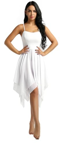 dPois Damen Tanzkleid Ballett Kleid Ärmellos aus Chiffon Swing mit Spaghettiträger Asymmetrische Tanzkostüme Latein Rumba Tango Ballsaal Dancewear Weiß M