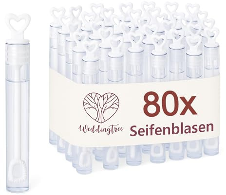 WeddingTree Seifenblasen Hochzeit 80 Stück in Weiß - mit Herzgriff - herzallerliebst für Hochzeit Taufe Geburtstag Goldene Hochzeit Verlobung Valentinstag Gastgeschenk Party