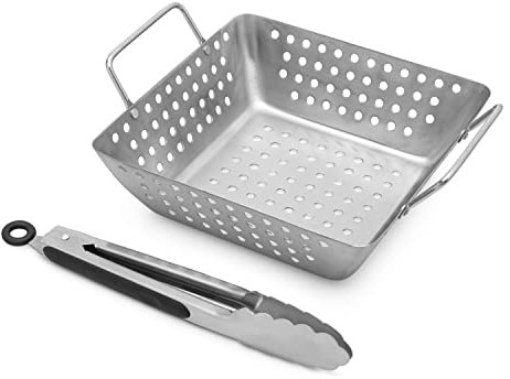 NEVRY BBQ Grill Basket and Tongs - Stainless Steel Silver - Medium Size Tray with High Sides - Outdoor Barbecue Grilling for Vegetables, Meat, and Prawns - Comes with Spring Loaded Tongs