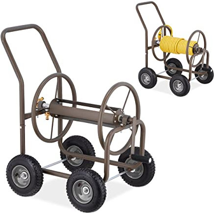 Relaxdays Carrello Avvolgitubo da Giardino, per Tubi Lunghi Fino a 60 m, 4 Ruote, Raccoglitubo in Acciaio, Marrone, Gomma