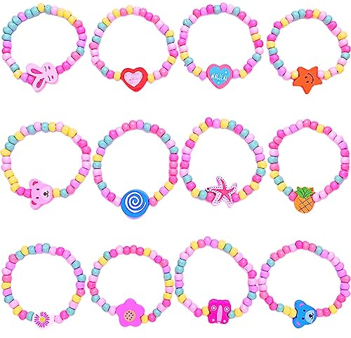 Yeefunjoy 12 Colourful Friendship Bracelets for Girls, Wooden Beaded Children's Bracelets, Little Princess Party Bag Fillers Gift for Kids Party