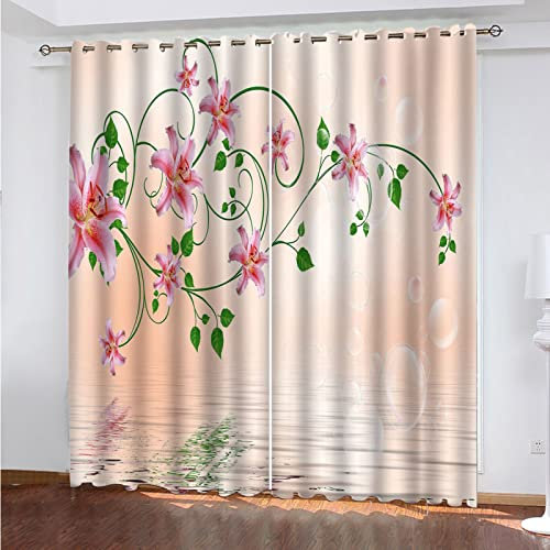 HOUKAI Cortinas Cortas para Ventanas, 3D Flor De Lirio Rosa Cortina Habitacion para Salon Dormitorio De Niños, 140x160Cm Cortina Opaca Termica 2 Piezas con Ojales, Cortinas Moderno Aislantes
