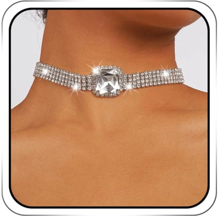 Sixexey Strass-Choker-Halskette, silberfarbene Kristall-Halskette, glitzernde Party-, Abschlussball-Halskette, Schmuck für Damen