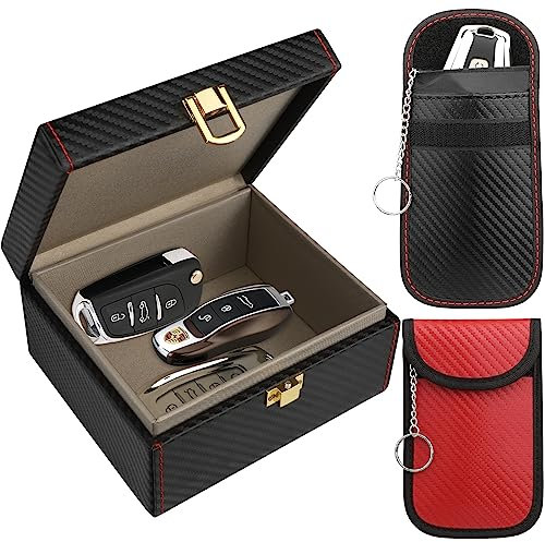 Diylife Signal Blocker Car Key Box - Medium 12.5 x 10.2 x 5.5cm Faraday Protector, 2-Pack Black&Red Pouch - Anti-Theft RFID Shield