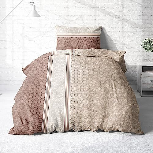 Träumschön Biber Bettwäsche Set 2tlg 155x220 cm + 80x80 cm – Flauschige Bettwäsche Beige/Braun – Weiche Winterbettwäsche mit Muster - Atmungsaktiv, Warm & Hautfreundlich - 100% Baumwolle