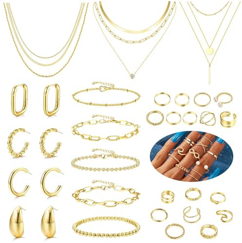 Morfetto Goldschmucksets für Frauen Trendige klobige goldene Creolen Goldene Accessoires Goldenes Halsketten- und Armbandset Goldenes Schmuckpaket