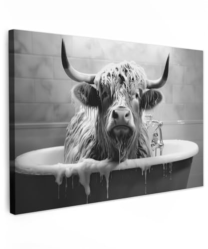 MuchoWow© Bilder Groß XXL Wohnzimmer Deko Modern Wandbild Foto auf Leinwand | 120x80 cm - Bild Schlafzimmer Room Decor Geschenke Schottische Hochlandrind - Kuh - Schwarz und Weiß - Bad - Schaumstoff