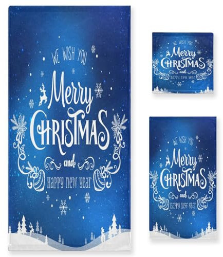 YETTASBIN Frohe Weihnachten Blau Handtuch Set mit 3 Stück, Hochsaugfähige weiche Handtücher mit Badetuch, Handtuch und Waschlappen für Badezimmer, Hotel, Fitnessstudio, Spa