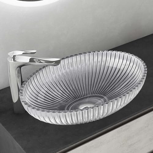Mai & Mai Lavabo da Appoggio 50,5x35x14,5cm, Lavandino Bagno in Vetro Temperato Ovale Minerva04, Trasparente