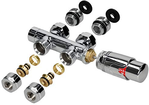 LuxeBath Juego de Grifería Multibloque Cromado Recto Incluye Cabezal Termostático para Radiadores de Baño con Conexión Central Cabezado Termostatico Adecuado para Tuberías de Suelo