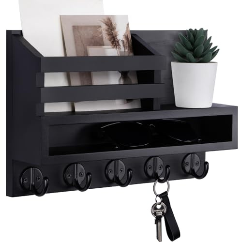Lucundm Key and Mail Holder Wall Mount, Key Hanger with Long Storage Box and 5 Hooks for Coat, Dog Leash, Home Decor Rack, House Accessories, Entry Way Organizer 11.8”W x 7.8”H x 3.2”D