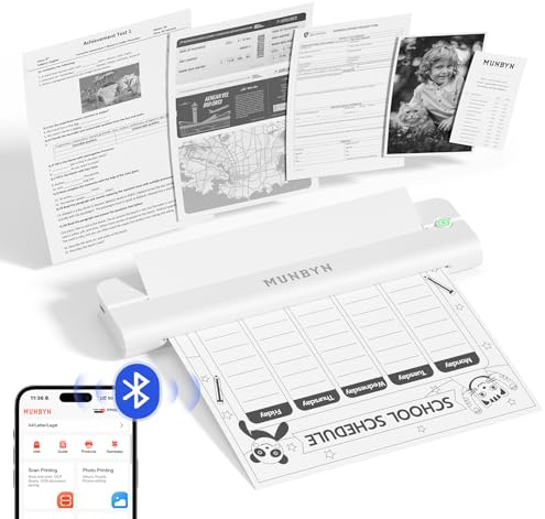 MUNBYN Portable Printers Wireless ITP02, Portable Printer Bluetooth, Support Thermal 8.5 x 11 & A4, Compatible with Android, iOS & Laptop, Small Printer for Home, School, White
