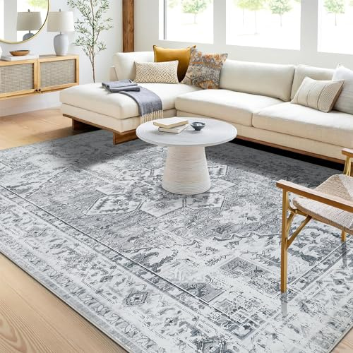 WONGS BEDDING Teppich Wohnzimmer 140x200cm, Boho Kurzflor Teppich Groß Wohnzimmerteppich für Esszimmer Schlafzimmer, Waschbar rutschfest Teppiche Kunstwolle Carpet, Grau