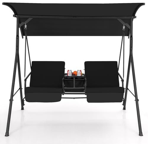 KOMFOTTEU Hollywoodschaukel für 2 Personen, Verandschaukel mit Baldachin verstellbar, Gartenschaukel mit 23L Kühltasche, Tablett & Rückenkissen Sitzkissen, Schaukelbank für Terrasse Garten (Schwarz)