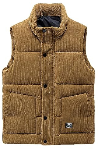 GIBZ Piumino Smanicato in Velluto a Coste da Uomo Morbido Gilet Imbottito Senza Maniche Caldo Giacca per Lavoro Inverno, Marrone, L