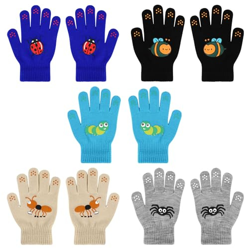 Jupsk Kinder Winterhandschuhe Fingerhandschuhe Gestrickte Warme Handschuhe für Jungen Mädchen 4-9 Jahre Alt, Insekten Radhandschuhe 5 Paare